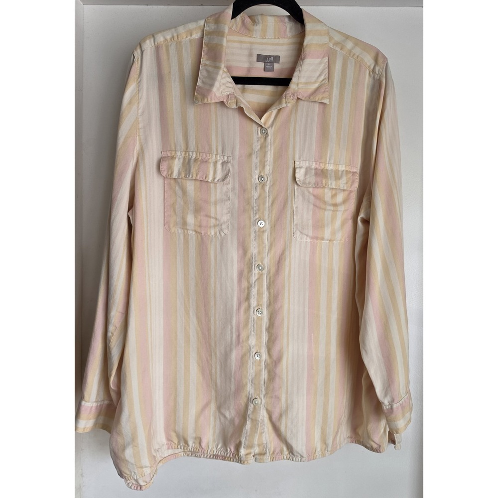 J.Jill Silk Button-Up Shirt XL Striped Yellow Pink White Collared Blouse Top